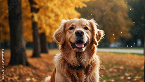 Happy golden retriever dog on Autumn nature background, wide web banner. Autumn activities for dogs. Fall Care Advice For Dogs. Preparing dog for walks in autumn and fireworks