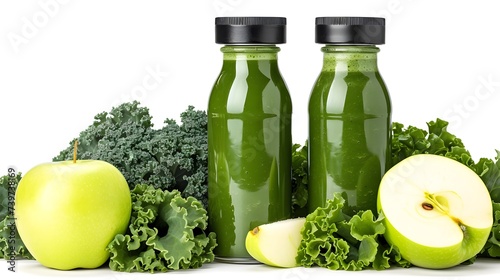  A trio of green smoothie bottles with black caps, featuring kale, spinach, and apple blend, isolated on a white background, showcasing the texture of the smoothie