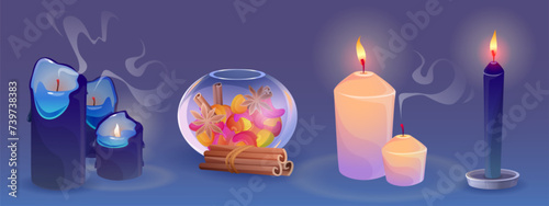 Blue romantic aroma candles and scent diffuser. Cartoon vector illustration set of candlelight pillar burning and extinguished with smoke for aromatherapy and container with fragrance and sticks.