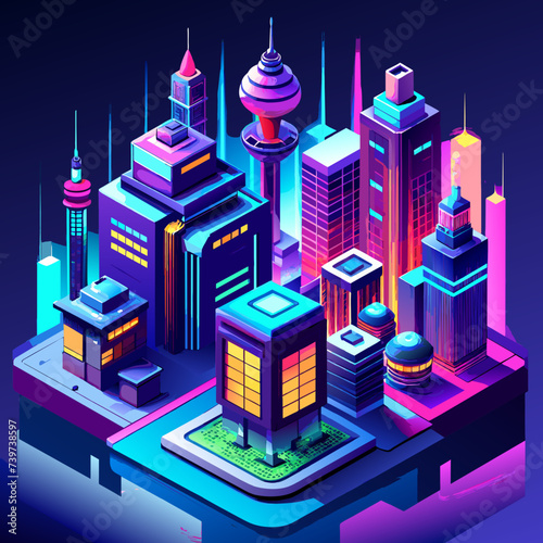 3d illustration of a futuristic city with neon lights