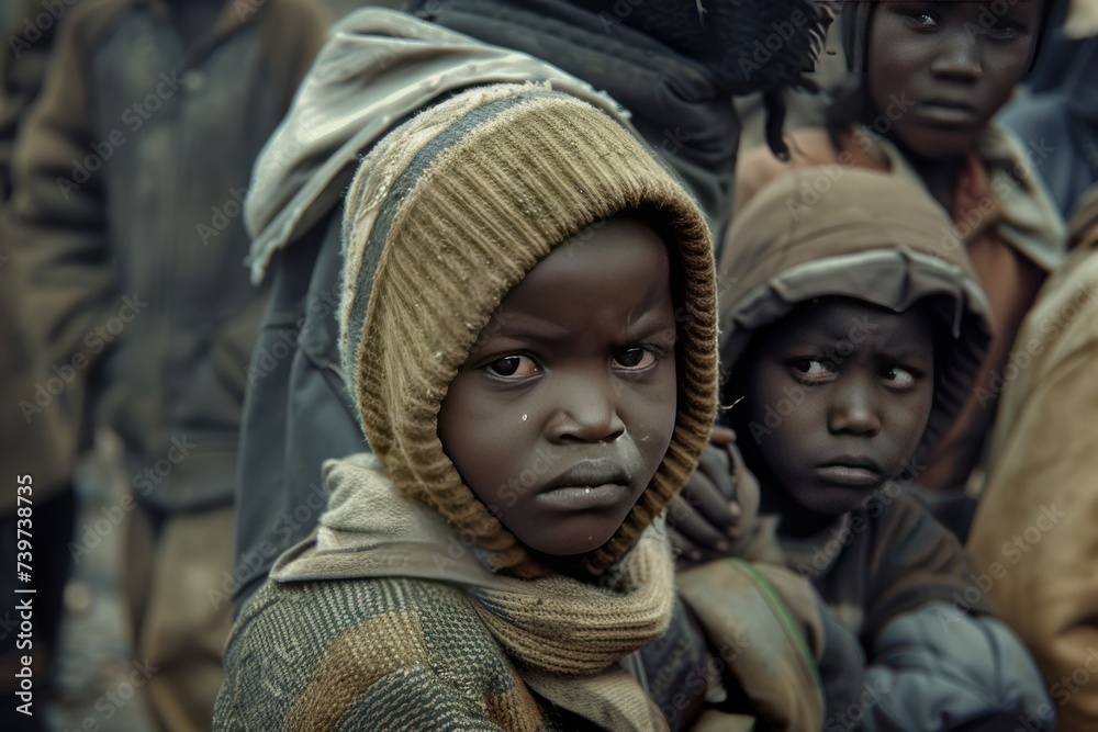 African child sits holding an empty plate against a barren background. African child sits holding an empty plate against a barren background.