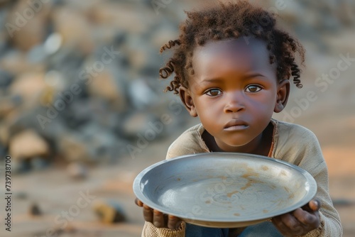African child sits holding an empty plate against a barren background.  photo