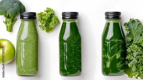  A trio of green smoothie bottles with black caps, featuring kale, spinach, and apple blend, isolated on a white background, showcasing the texture of the smoothie