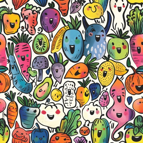 Fruit and Veggie Frenzy A Colorful and Fun Illustrated Artwork Generative AI