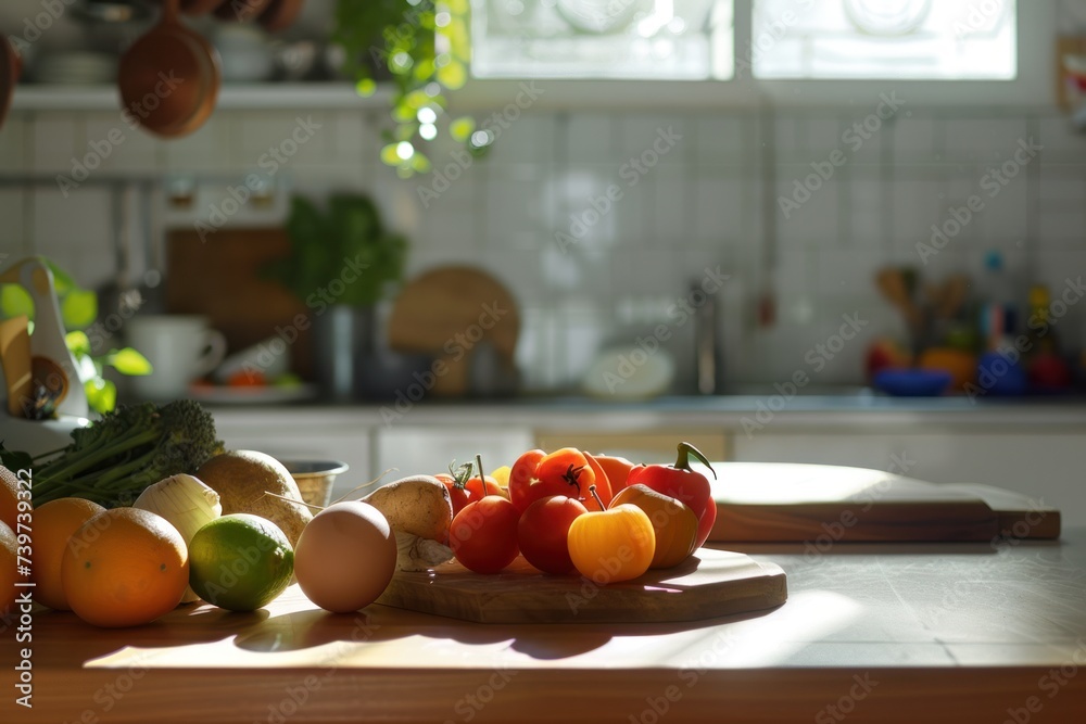 fruits vegetables and eggs on white table in kitchen fruits vegetables and eggs on white table in kitchen