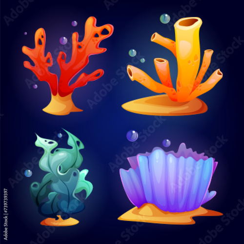 Seaweed and coral cartoon set. Vector illustration collection of different underwater ocean plant and reef. Marine or aquarium bottom tropical bright creatures. exotic undersea flora elements.