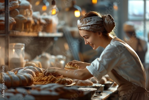 Cheerful female baker working at shop 