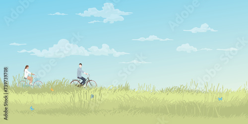 Man and woman riding bicycle together with nature landscape spring season flat design vector illustration have blank space.