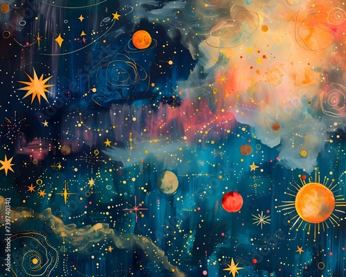 Himmel mit Sonne und Sternen Collage / Sonne Mond und Sterne Wallpaper / Ki-Ai generiert photo