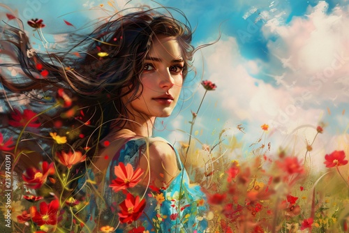 Flower Power A Fresh and Vibrant Portrait of a Woman in a Field of Flowers Generative AI