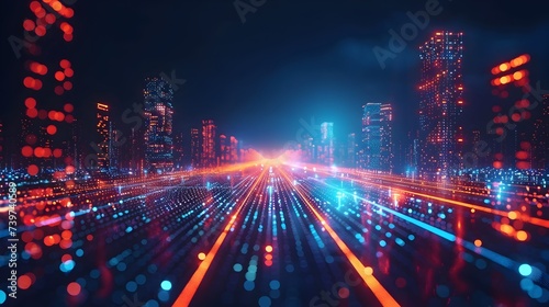 Futuristic City Nightscape with Fast-Moving Traffic and Blue Lights