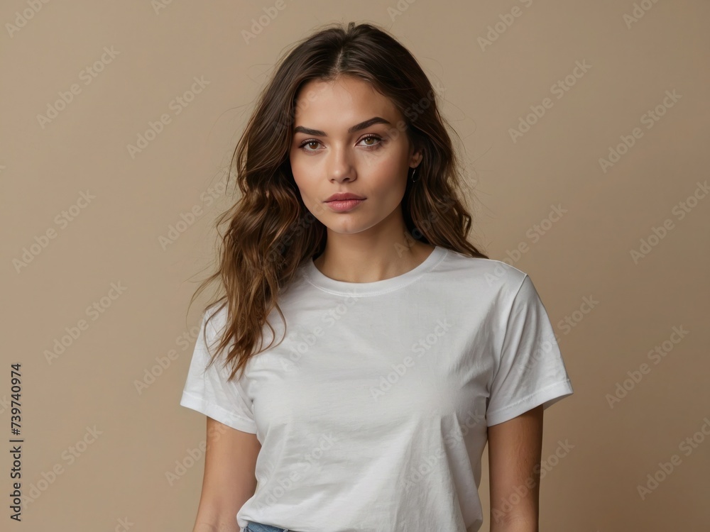 Fototapeta premium Woman wearing white shirt isolated background. Design t-shirt template, print presentation mock-up