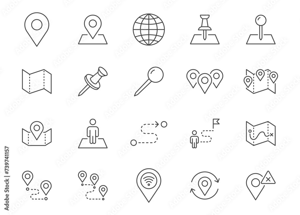 Location line icon set. Map pin, gps signal, route, distance marker ...