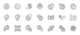 Globe line icon set. Map pin, planet earth, global business, round the world travel, teamwork outline vector illustration. Simple linear pictogram for oversea. Editable Stroke
