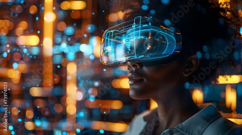Black woman in Virtual Reality Headset in Futuristic City