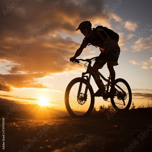 Silhouette of a cyclist on the sunset. A silhouette of a cyclist on a mountain bike riding.