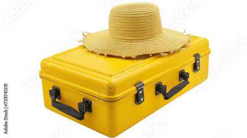 Yellow suitcase with straw hat isolated on transparent and white background.PNG image