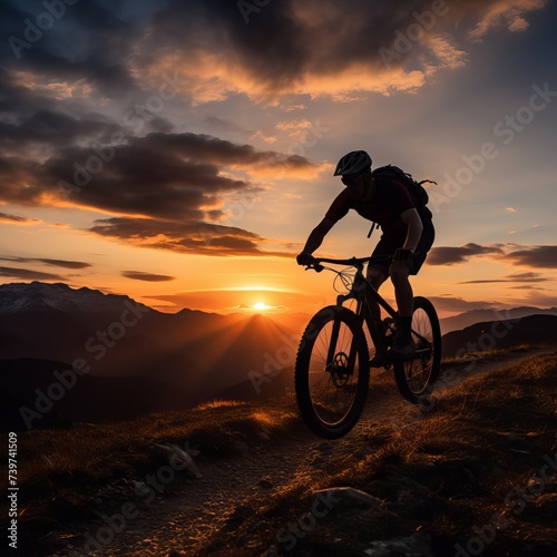 Silhouette of a cyclist on the sunset. A silhouette of a cyclist on a mountain bike riding.