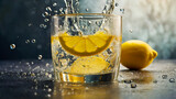 lemon soda splashing with bubble, sparkling water lemon's vibrant yellow