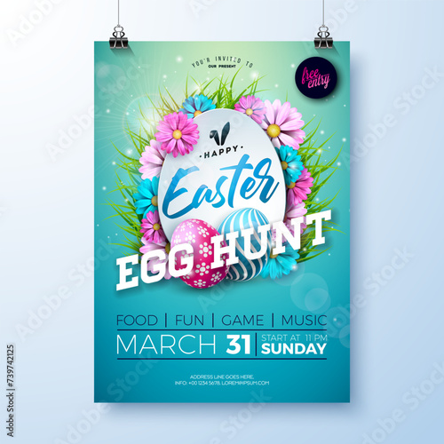 Vector Easter Egg Hunt Illustration with painted eggs and flowers on nature blue background. Spring holiday Party Flyer celebration poster design template for banner, invitation or greeting card.