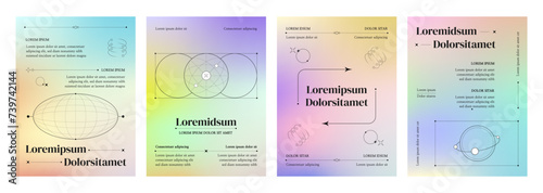 Poster and banner template in y2k style with pastel fluid colors gradient background and simple geometric grad line elements. Vector set of design layout with hologram rainbow effect and typography.