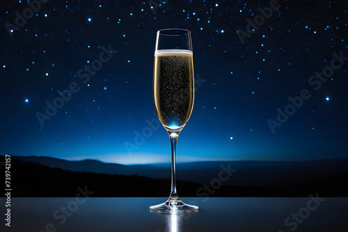 A champagne glass, against the night sky. Generative AI