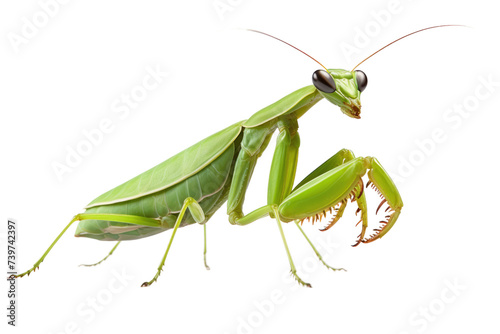 A Praying Mantis Engaged in Prayer. Mantis intensely engaged in prayer, with their hands clasped in front of them and their eyes closed on a White or Clear Surface PNG Transparent Background.