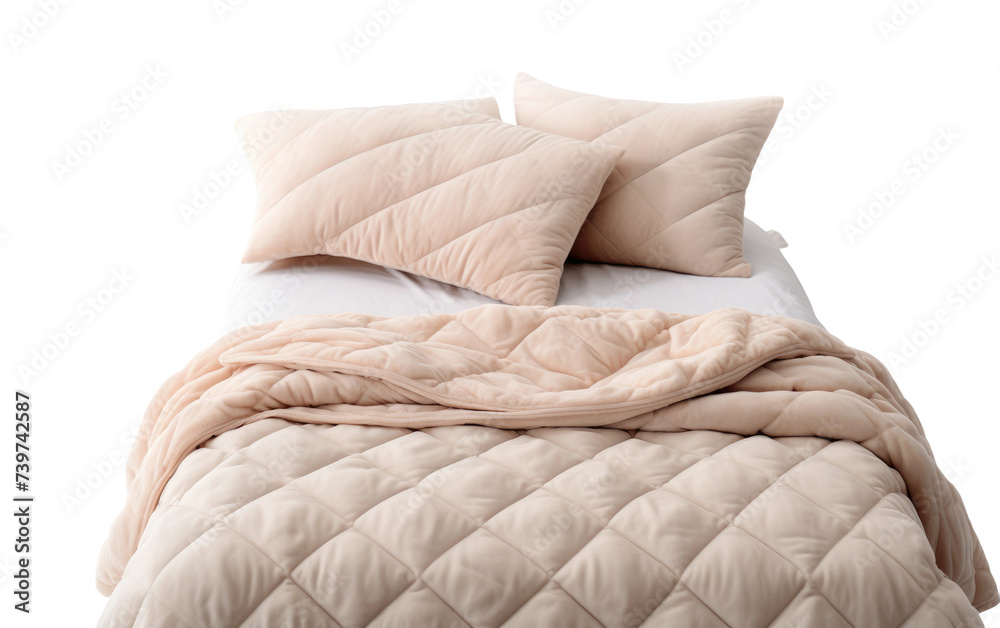 Obraz premium Bed With Comforter and Pillows. A comfortable bed with a soft, inviting comforter and plump pillows arranged neatly on top. on a White or Clear Surface PNG Transparent Background.