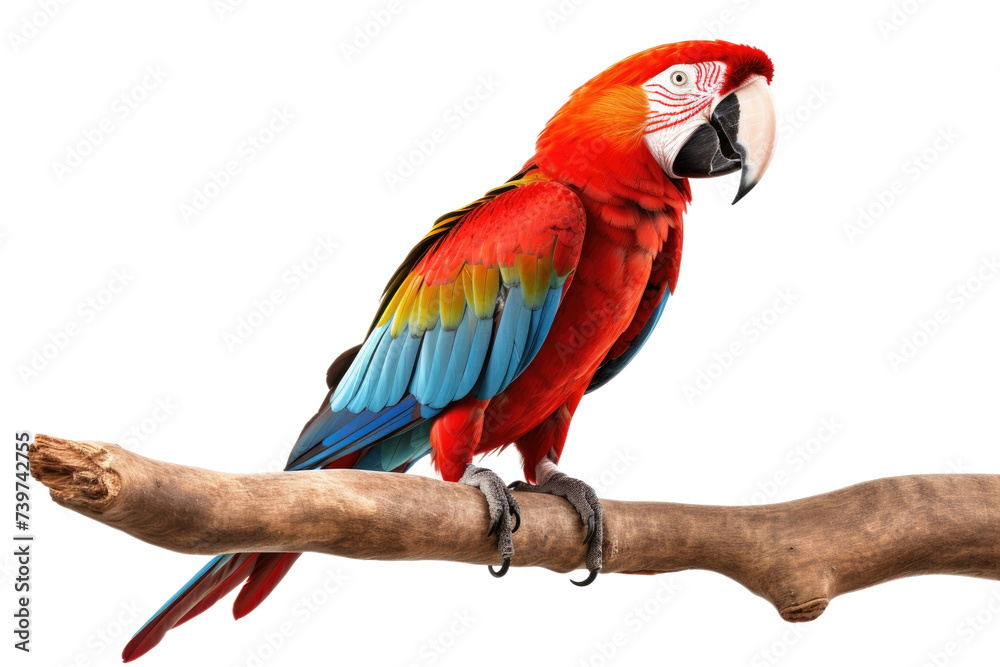 Colorful Parrot Perched on Top of a Tree Branch. A vibrant parrot with bright colors perched on a tree branch. on a White or Clear Surface PNG Transparent Background.
