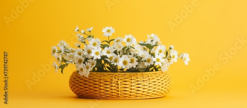 spring flowers in traditional basket on a yellow background. a basket of flowers on a yellow background © Sabina Gahramanova