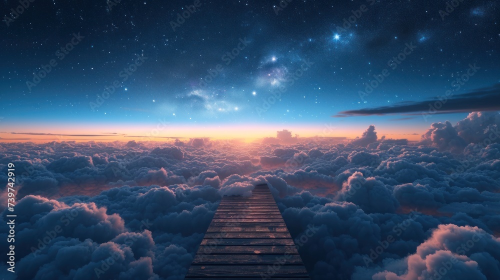 Starry Sky Above Clouds and Wooden Pier - obrazy, fototapety, plakaty 