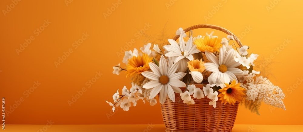 spring flowers in traditional basket on a yellow background. a basket of flowers on a yellow background