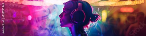 A bright multi-colored image of a woman wearing headphones in a nightclub. Modern pop music  female DJ.