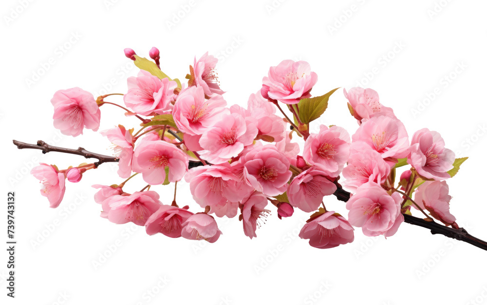Obraz premium A Branch of Pink Flowers With Green Leaves. This photo captures a branch adorned with beautiful pink flowers and vibrant green leaves. on a White or Clear Surface PNG Transparent Background.
