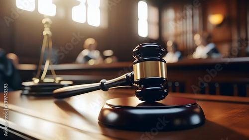 In a courtroom, a judge is delivering a verdict. After the verdict, the judge uses a gavel to decide the case.