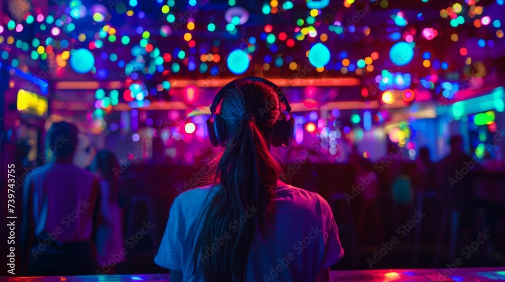 A bright multi-colored image of a woman wearing headphones in a nightclub. Modern pop music, female DJ.