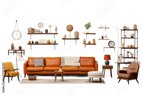 A Living Room Filled With Furniture and Shelves. This photo showcases a well appointed living room featuring an abundance of furniture and shelves, creating a functional and organized space. photo