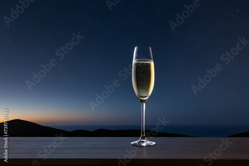 A champagne glass, against the night sky. Generative AI