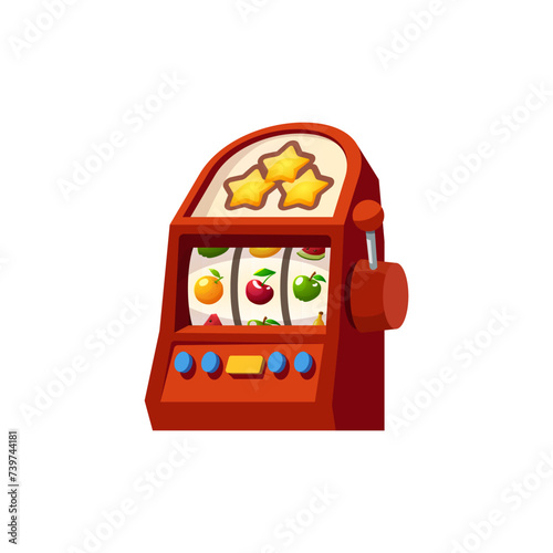 Red slot machine with fruits symbols, slot casino gambling game, vector cartoon casino entertainment item, win jackpot