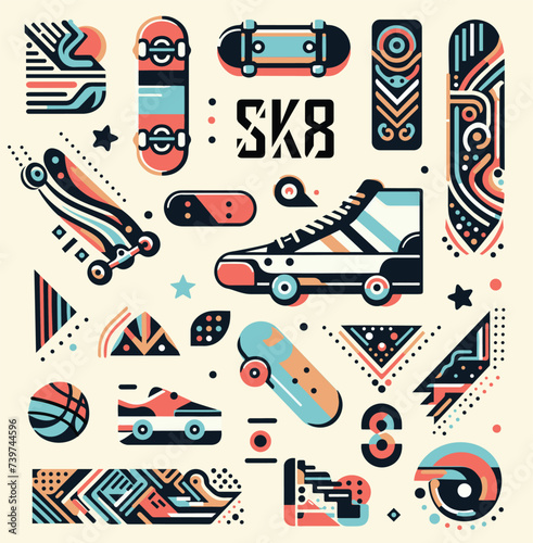 Skateboard SK8 subculture T-shirt design, youth style, decor of clothing, accessories, sportswear