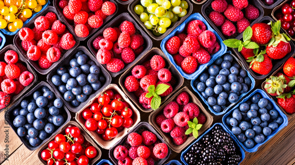 Assorted Fruit Trays on Table, Raspberries, Strawberries, Blackberries, Blueberries Assorted Fruit Trays on Table, Raspberries, Strawberries, Blackberries, Blueberries