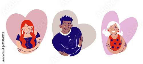 Self care concept with woman, man hug herself in frame of heart shape. Love and acceptance to yourself. Flat vector illustration set young girls, guy embrace themselves. Mental health and confidence