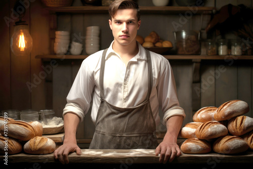 Man Standing Behind Bread-Filled Table