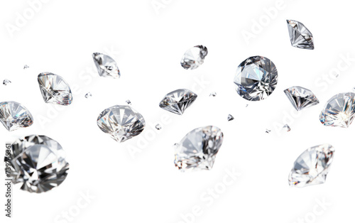 Flying Diamonds Sparkle in the Air. A captivating moment captured as a multitude of diamonds float and shine in the atmosphere. on a White or Clear Surface PNG Transparent Background.