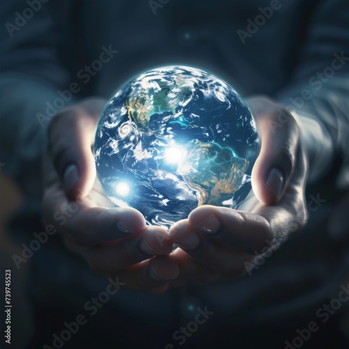 A luminous glass ball symbolizing planet Earth in human hands. Caring for the environment.
