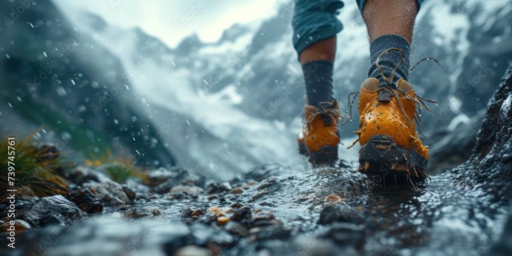 Close up of a of hiker, hiking man up a mountain trail with boot one foot lifted off Close up of a of hiker, hiking man up a mountain trail with boot one foot lifted off