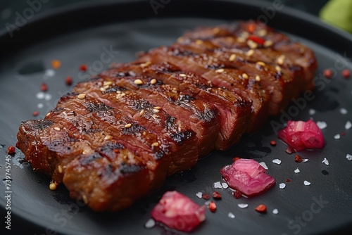 A perfectly seared sliced beef steak with a crispy charred crust, presented on a matte black plate against a pitch black background