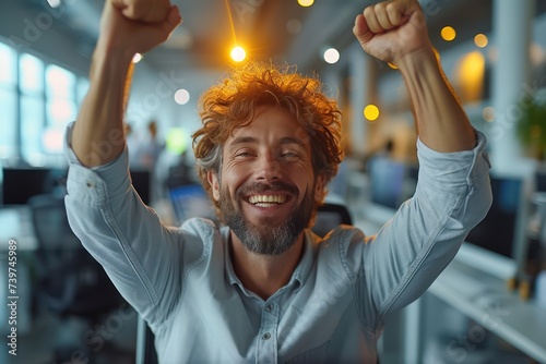 Excited young businessman celebrating success in victory with raised hands, happy proud man professional winner, feeling satisfied with corporate work photo