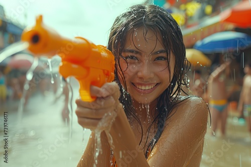 Happy young people are using water guns play in the summer, enjoy the splashing Songkran Festival