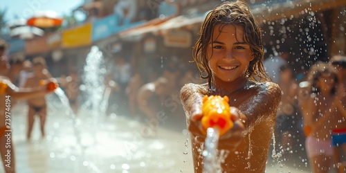 Happy young people are using water guns play in the summer  enjoy the splashing Songkran Festival